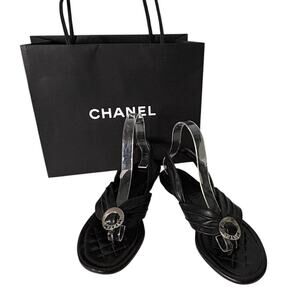 Chanel Vintage 2005 Slingback Sandals Black Lambskin Size 9 (39)